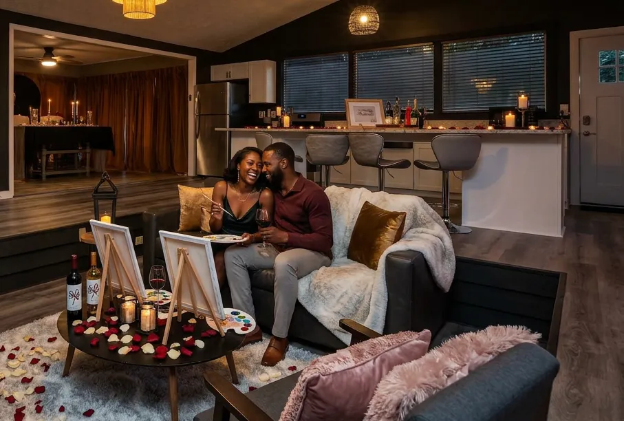 The Retreat at Douglasville, private hot tub at dusk with fire pit glow