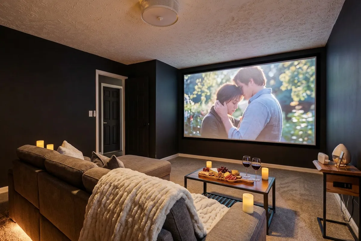Private movie room with screen glowing and cozy setup